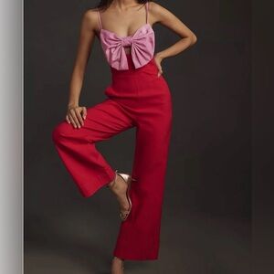 Anthropologie Maeve colorblock removable bow wide leg strap jumpsuit red & pink
